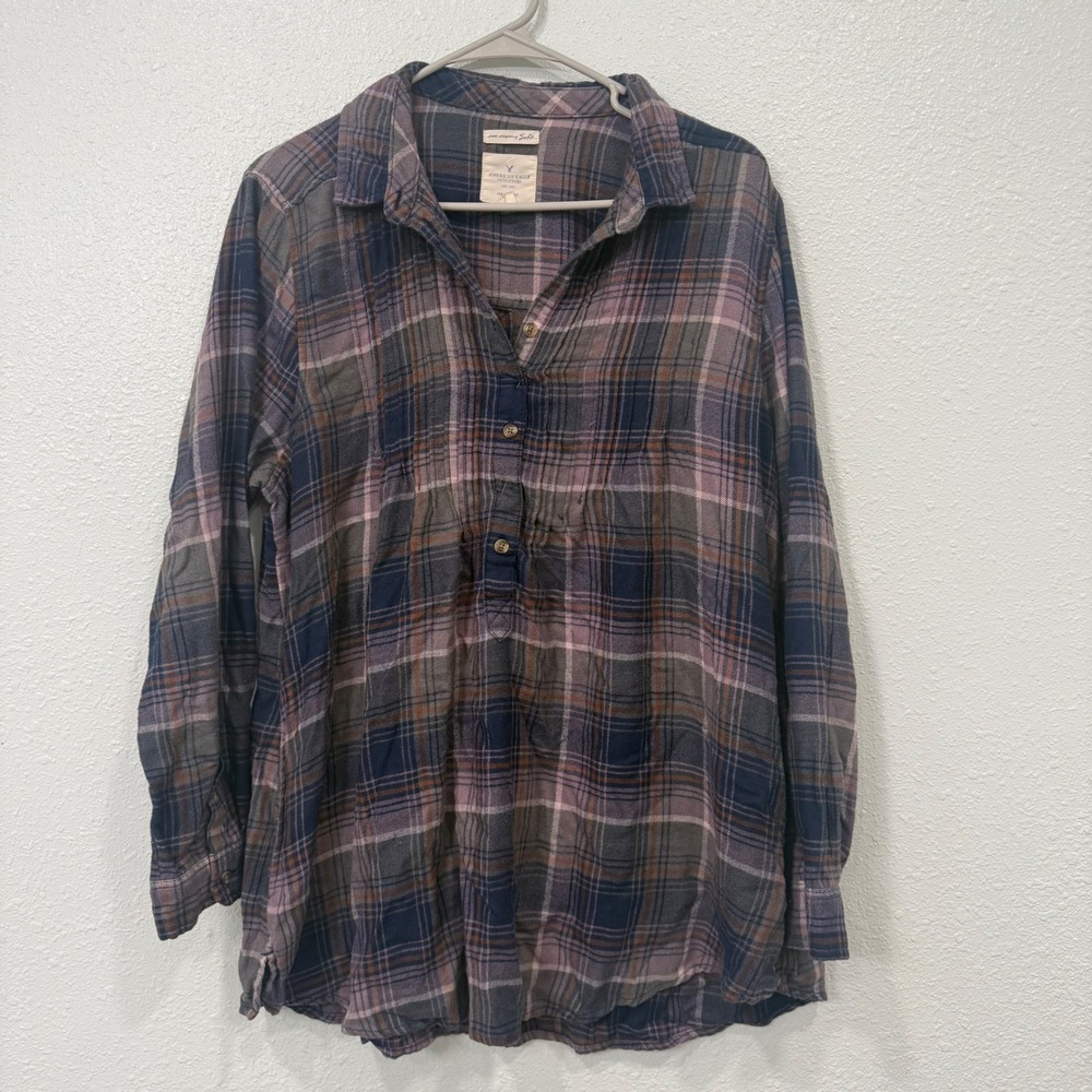 American Eagle Ahh-Mazingly Soft Plaid Flannel Jegging Fit Tunic Purple XL